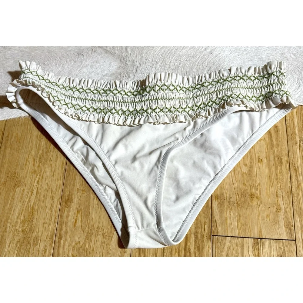 Tory Burch Costa‎ White Green Smocked Hipster Women's Bottom Ruffle Size Medium